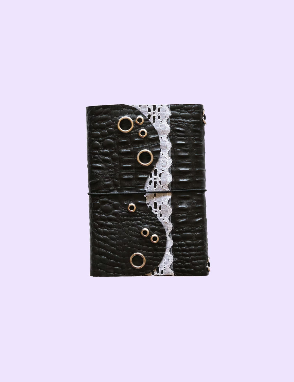 Carnet de croquis A6 en simili-cuir croco noir et dentelle blanche, idée cadeau pour une artiste
